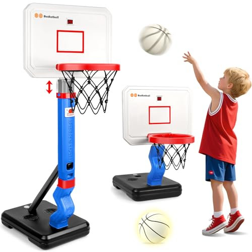 Herenear Basketballkorb Kinder mit Elektronische Anzeigetafel, Höhenverstellbar 77-140cm basketballkorb Set mit Ständer, Ringwurf, Bällen, Outdoor Indoor Basketball Korb Geschenk Junge ab 6