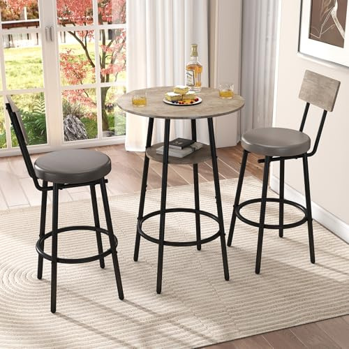 Zevemomo 3 Pieces Round Bar Table and Chairs Set, Small Dining Table for 2, Kitchen Bar Table, Breakfast Table with Storage, 2 Thickened Cushion Stools with Backrest for Dining Room & Bistro-Grey