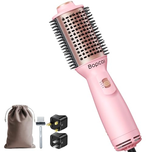 Dual Voltage Travel Blow Dryer Brush, Mini Hair Dryer Brush with Auto 100–240V, EU/UK Plug Ready, 4-in-1 Compact Hot Air Brush Lightweight, Ionic for Smooth & Voluminous Hair Anywhere