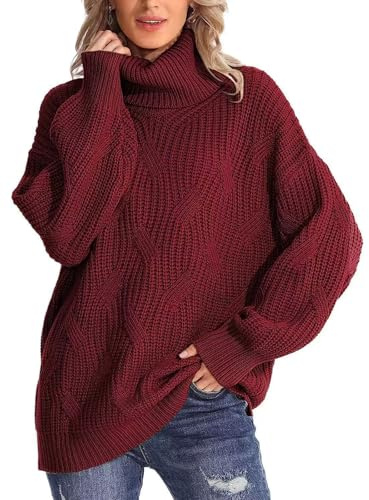 Rayson Jersey de Cuello Alto para Mujer Suéter Manga Larga Invierno Casual Knittet Pullover de Punto Diseño Acanalado Suelto(Burdeos,M)