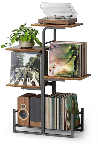 Bikoney Mueble para Tocadiscos Estilo Vintage con Gran Almacenaje de Vinilos, Soporte para LP con Estantes, Mesa para Tocadiscos y Organizador de Discos para Salón y Dormitorio