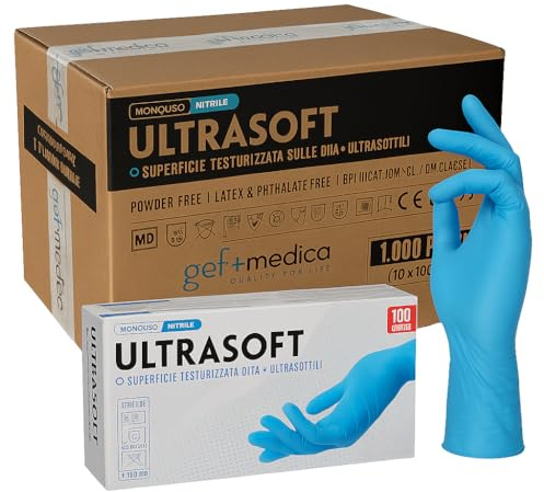 gef + medica 1000 Guanti Blu in Nitrile ULTRASOFT, Guanti Monouso Professionali, Senza Lattice e Polvere, Uso Medico, Alimentare, Industriale, Microruvidi, Resistenti e Confortevoli, Cartone Taglia M