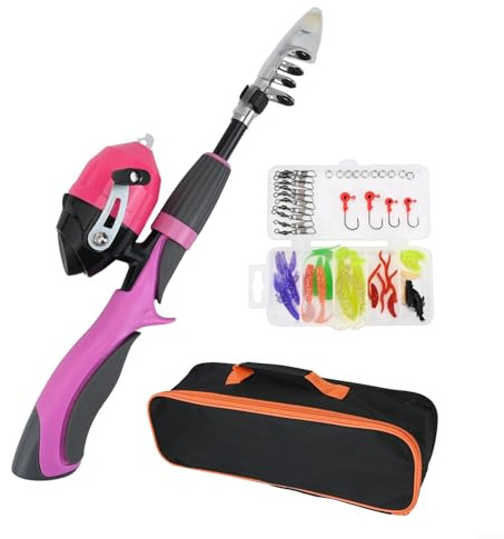 Kit de caña de pescar para niños, 1 mini combo de viaje para deportes de padres e hijos, caña ligera y carrete fácil, aprendizaje divertido, kit para vacaciones, lagos y viajes de fin de semana (rosa)