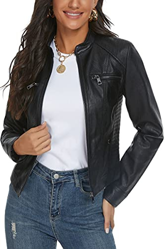 Fahsyee Faux Leather Jacket for Women, Moto Biker Slim Vegan MotorcycleZipper Coat Outwear, Black, Size XXL