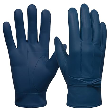 SiXsigma Sports Ladies Leather gloves Women's Soft Fleece Lined Coloured Genuine Leather Bow Gloves Warm Winter (Navy Blue, Small/Medium)