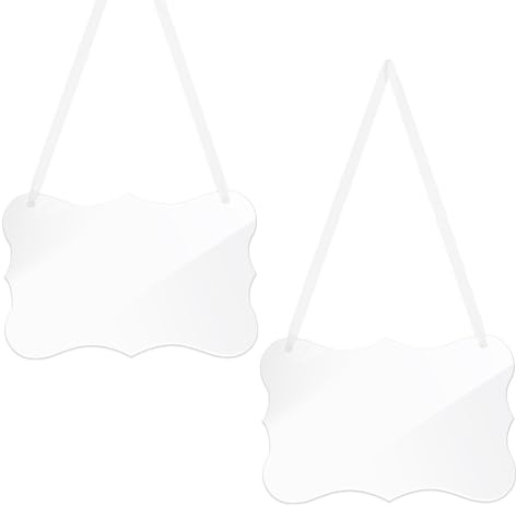 AHANDMAKER 2 Pc Clear Acrylic Hanging Sign, 8.86x5.79 DIY Blank Names Custom Card Labels for Elegant Wedding Chair Signs with White Satin Ribbon for Wedding Dinner Parties, Food Signs, Banquet Events
