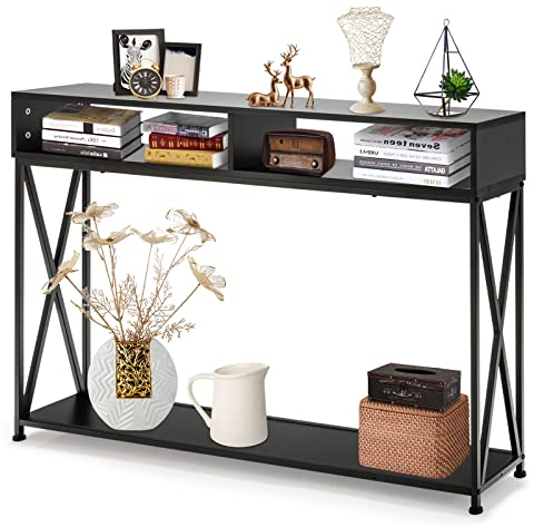 GIANTEX Konsolentisch Flurtisch schmal, Beistelltisch Eingangstisch mit 2 offenem Fach & 1 Ablage, schmaler Dielentisch industriestil, Dekotisch Sideboard Vintage 120x23x79 cm (schwarz)