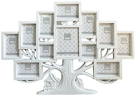 GICOS SRL Porta foto portafoto in plastica cornice multiplo 12 posti decoro albero della vita colore bianco 82 x 59 x 2 cm foto 9 posti 10 x 15 cm 2 posti 10 x 10 cm 1 posto 10 x 15 cm MOG-837043
