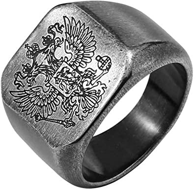 SINLEO Men's Stainless Steel Vintage Knight Russian Double Eagle Signet Ring Square Matte Brushed Ancient Silver Size 10