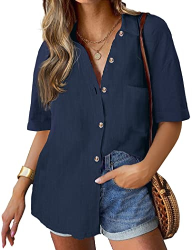 Hotouch Camisas de Mujer Camisas Casuales de Manga Corta Camisas Elegantes con Cuello en V Camisas Básicas de Color Sólido Camisas de Trabajo Tops Sueltos con Bolsillos S-XXL