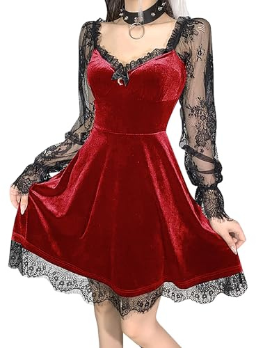 DINGJIUYAN Gothic Lace Short Dress V Neck Half Moon Corset Sexy Backless Party Mini Dress Cocktail Casual Dress Red M