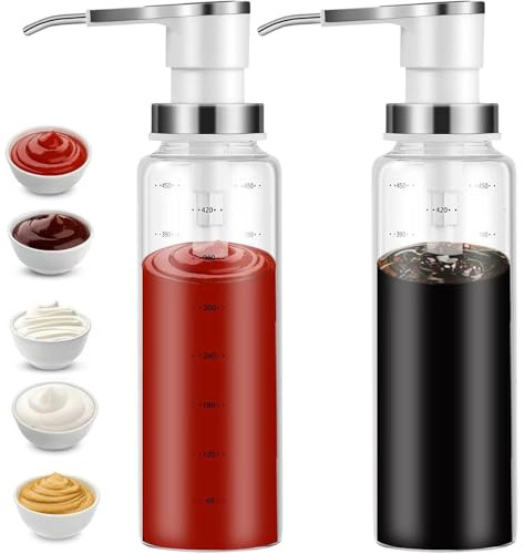 Tiwiche Saucenpumpenspender, Kaffeesirupspender, 500 ml Glasflasche mit Edelstahlpumpen, auslaufsicher, Pumpen in Lebensmittelqualität für Honig, Sirup, Öl, Gewürze, Salatdressings (2 Stück)