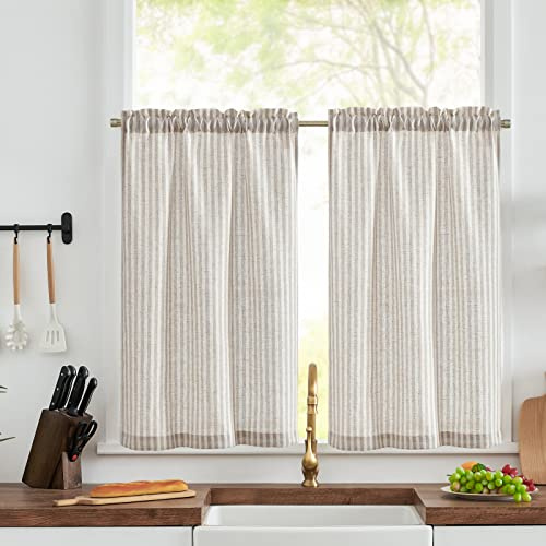 TOPICK Kitchen Curtains, Cafe Curtains, W26xL36, 2 Panels, Grey Striped | Light Filtering Small Curtains, Rod Pocket Half Window Curtain 2 Drapes for Bathroom, Cupboard Base, Sink, Basement