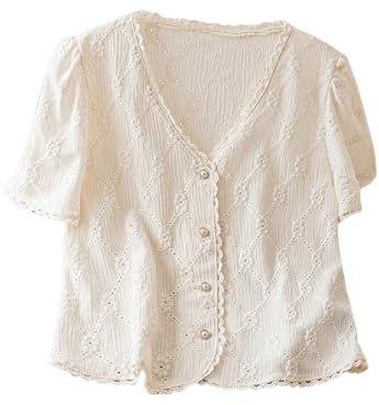 COZYEASE Women's Floral Embroidered Button Down Blouse Frill Trim Short Puff Sleeve V Neck Vacation Shirts Apricot Large