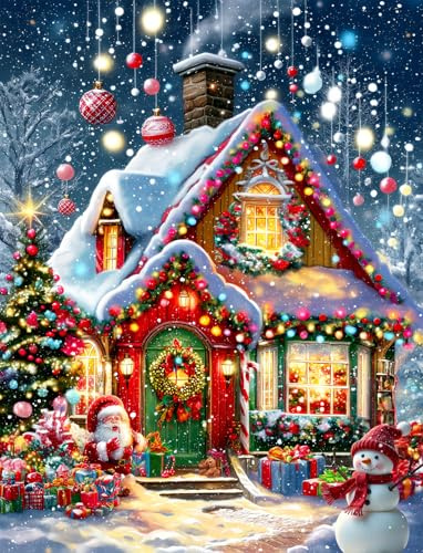 Christmas Diamond Art Kit 30x40cm – 5D Full Drill Snow House Painting for Adults, Winter Holiday Craft Kit, Relaxing DIY Gift