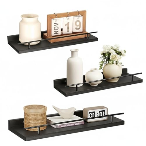 VINATO Lot de 3 Étagère Murale en Bois 40x15x4.5CM pour Cuisine Salon Bureau et Chambre, Rangement Mural, Noir