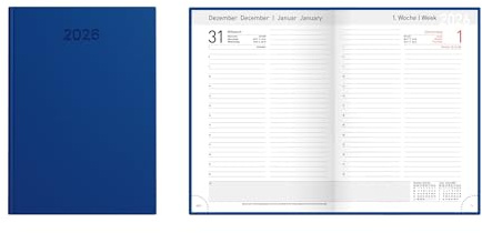 Idena 12034 – bokkalender DIN A5 2026, 1 dag på 1 sida, sa/så på 1 sida, möteskalender med vadderat inbunden omslag i blått