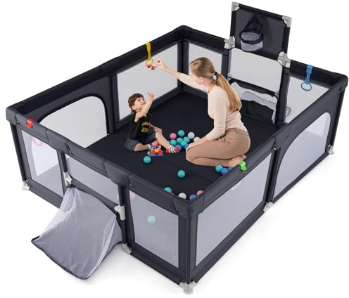 GOPLUS Parque Infantil Plegable para Bebés con Canasta de Baloncesto, Portería de Fútbol, Corralito Recinto para Niños con Puertas, Anillas de Tracción, Bolas Oceánicas (Gris oscuro,188 x 157 cm)