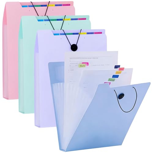 Cartella portadocumenti A4 (12 scomparti), 4 cartelline portadocumenti con chiusura elastica, capacità 250 pagine, sistema di raccoglitori per ufficio, scuola, casa, organizer con schede indice