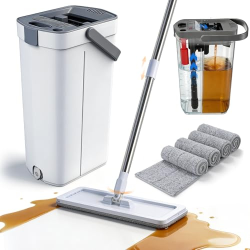 Yotock Mop and Bucket Set, 50 Flat Mop and Bucket System for Floor Cleaning, Separate Dirty and Clean Water, 4 Microfiber Pads Included, Wet and Dry Use, for Cleaning All Floor Types and Windows