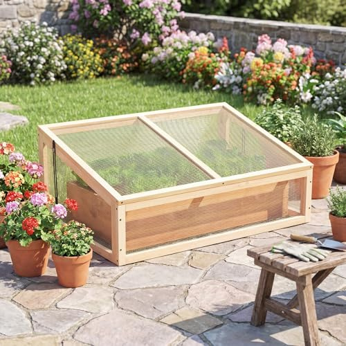 GYMAX Serre de Jardin en Bois 94 x 63 x 40 cm, Jardinière de Culture de Plantes avec Panneaux Transparents, Toit Rabattable, Protection Hivernale Intérieure et Extérieure pour Balcon (Naturel)