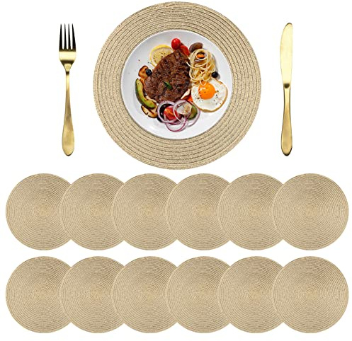 NAKIHOUSE Set di 12 tovagliette rotonde, lavabili, antiscivolo, resistenti al calore, antimacchia, dorate, per matrimoni, ristoranti, cucina