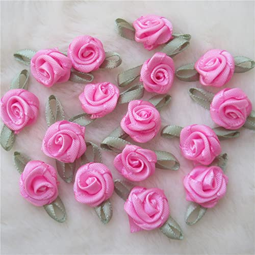 100 st 25 mm x 15 mm flerfärgade mini rosblommor satinband rosetter applikationer gör-det-själv sömnad hantverk tillbehör bröllop brud gåva dekoration (rosa)