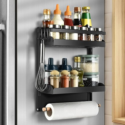 aceyoon Especiero Magnetico para Frigorífico, Estanteria Especias Cocina Multiuso 2 Niveles Organizador Especias con 4 Ganchos y Portarrollos Especieros para Cocina Ahorro de Espacio (Negro)