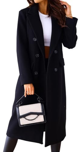 Manteau élégant en laine pour femme - Trench à double boutonnage - Manteau d'hiver - Couleur unie - Col rabattu - Léger - Long manteau coupe-vent, Noir , M