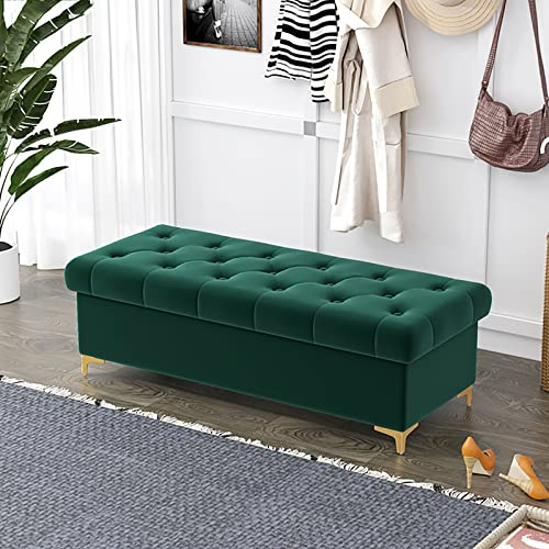 ASHILD Lussuosa Panca Ottomana Con Contenitore Moderna per Camera da Letto Soggiorno, Imbottita in Velluto all'Estremità del Letto - Verde 100