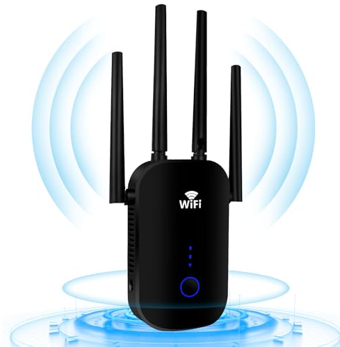 WLAN Verstärker WLAN Repeater mit 1200 Mbps - WiFi Extender Booster Dual-Band 2.4GHz & 5.8GHz Internet Verstärker mit externen 4 * 3dBi Dual-Band-Antennen Internet Booster bis zu 3000 qm (Schwarz)