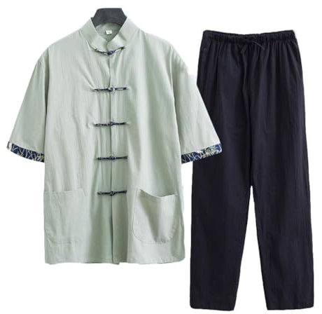 Traditioneller chinesischer Tang-Anzug, Kung-Fu-Hemd aus Baumwollleinen, Kampfsportanzug, kurzärmliges Hemd und Hose, lockere Shaolin-Tai-Chi-Kleidung in Übergröße, Wing-Chun-Uniform(Green,XXXXXXX-Lar