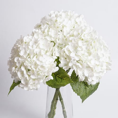 3 Pcs White Hydrangea Artificial Flowers 21 Realistic Latex Faux Hydrangeas Flowers Real Touch Full Heads, Lifelike Long Stem & Leaves for Wedding Outdoor Table Centerpieces Home Party Decoration
