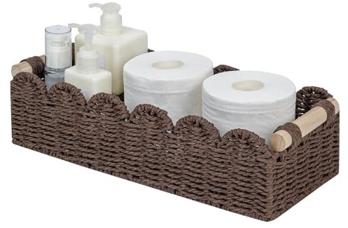 CubesLand Scalloped Toilet Paper Storage Basket W/Handle for Home Decor | Paper Rope Toilet Organizer Basket for Countertop, Over Toilet Shelf, End Table, Living Room Cozy Decorative & More, Brown