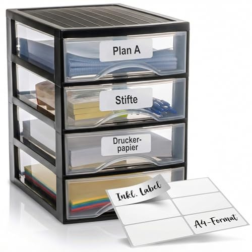 Hausfelder Schubladenbox A4 mit 6 Schubladen inkl. Aufkleber, Schubladenturm Box aus Kunststoff für Schreibtisch, Büro, Ablage Organizer Schwarz Transparent (4 Schubladen inkl. Aufkleber)
