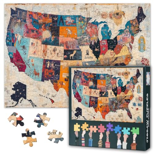 USA Map Puzzle 1000 Pieces Country Map Educational Puzzle Bright Colors Crafts Decompressing Challenging Puzzles Toys Gift for Family Activity Smooth Edges Easy to Assemble(27.5x19.7in)
