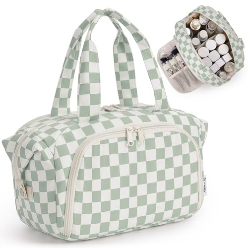 Narwey Neceser de Viaje para Mujer, Bolsa de Aseo Grande, Organizador de Maquillaje Portátil para Artículos de Aseo Tamaño Completo Viajes Accesorios (Cuadriculado Verde Menta)