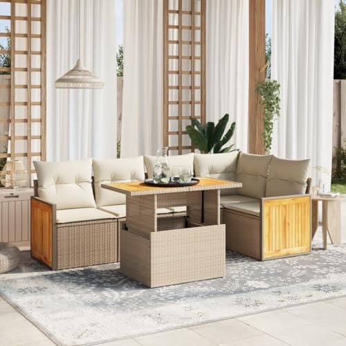 QJBSAVVA Ensemble de 6 canapés de jardin - Beige - 100 x 55 x 44/73 cm - En rotin synthétique - Avec table réglable en hauteur - Groupe de sièges modulaires pour salon extérieur moderne et balcon