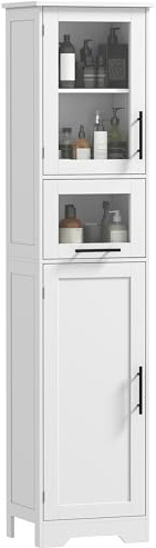 HOMCOM Armario de Baño Alto, Mueble Auxiliar de Baño con Puerta de Vidrio, Estantes Ajustables, Cajón, Columna Estrecha para Espacios Pequeños, 40x31x170 cm, Blanco