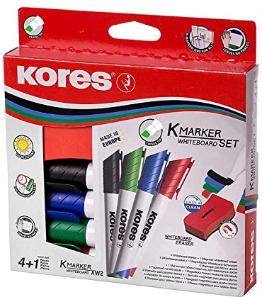 Kores - K-Marker XW2: Pennarello per Lavagna Bianca con Punta a Scalpello, inchiostro pulibile a secco e Inodore, Set di 4 Colori Assortiti + 1 Cancellino Magnetico