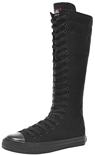 ANUFER Fille Femmes Genou Haut Bottes en Toile Lacets Zip Plat Chaussures de Sport Tout Noir F888 EU36