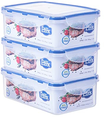 EASYLOCK 3 Pack Airtight Food Storage Container with Lids, Plastic Meal Prep Containers Reusable, 1.15L, Leak-proof Microwave Freezer Dishwasher Safe (Blue)