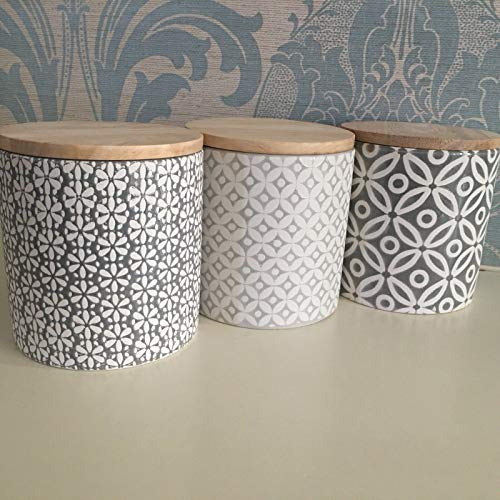 Set of 3 Embossed Ceramic Jars with Bamboo LID Grey Ceramic Storage Jars-Floral