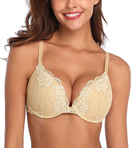 Deyllo Women's Push Up Lace Bra Sexy Deep V Lift Up Bra Underwire Padded Comfort Everyday Bra(Beige,32F)
