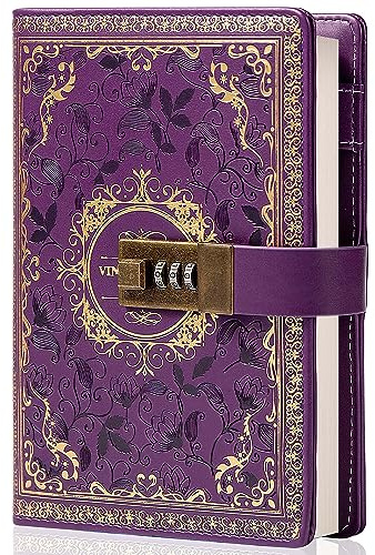 Cuaderno de cuero vintage con cerradura de combinación, diario secreto de flores en relieve B6, papel rayado para escribir, regalo para mujeres y niñas (morado)
