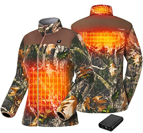 TIDEWE Women’s Heated Jacket Fleece with Battery Pack, Truetimber Rechargeable Coat for Hunting (Camo, Size M)