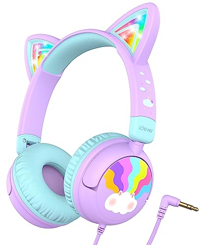 iClever Auriculares para Niños, Cat Ear con Luces LED, Volumen Seguro de 85dBA, Sonido Estéreo, Auriculares Plegables con Cable de 3.5mm, para iPad Tabletas Viajes Escuela