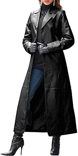 QLXYYFC Trench da Donna Cappotto Lungo da Donna in Ecopelle Giacca in Pelle con Bottoni a Maniche Lunghe Colletto Rovesciato Cappotto (Color : Nero, Size : M)