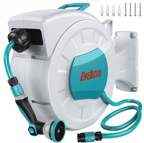 ENEACRO Enrollador Manguera Jardin de 20 m | Cartucho de manguera de pared con pistola pulverizadora de 10 funciones y función de enrollado automático