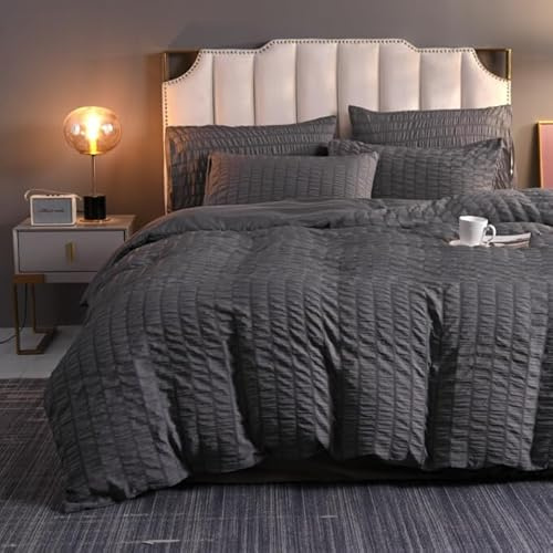 Delien Juego de ropa de cama 155x220 3 piezas, gris, microfibra, diseño seersucker, con rayas, ropa de cama suave y esponjosa, 1 funda nórdica y 2 fundas de almohada 80x80cm
